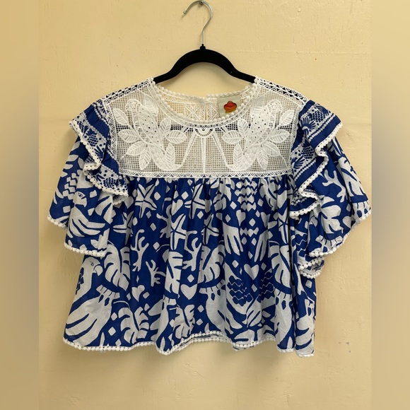 FARM RIO Navy Blue Jungle Scarf Lace Ruffle Sleeve Blouse - Picture 11 of 16